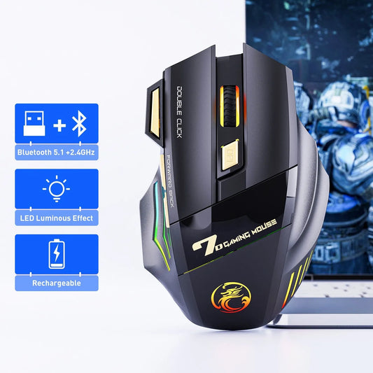 Wireless Gaming Mouse GW-X7 3200DPI Rechargeable RGB LED Mouse, Dual Mode 2.4G Wireless Gaming Mouse with 7 Keys Silent Click Bluetooth Mouse