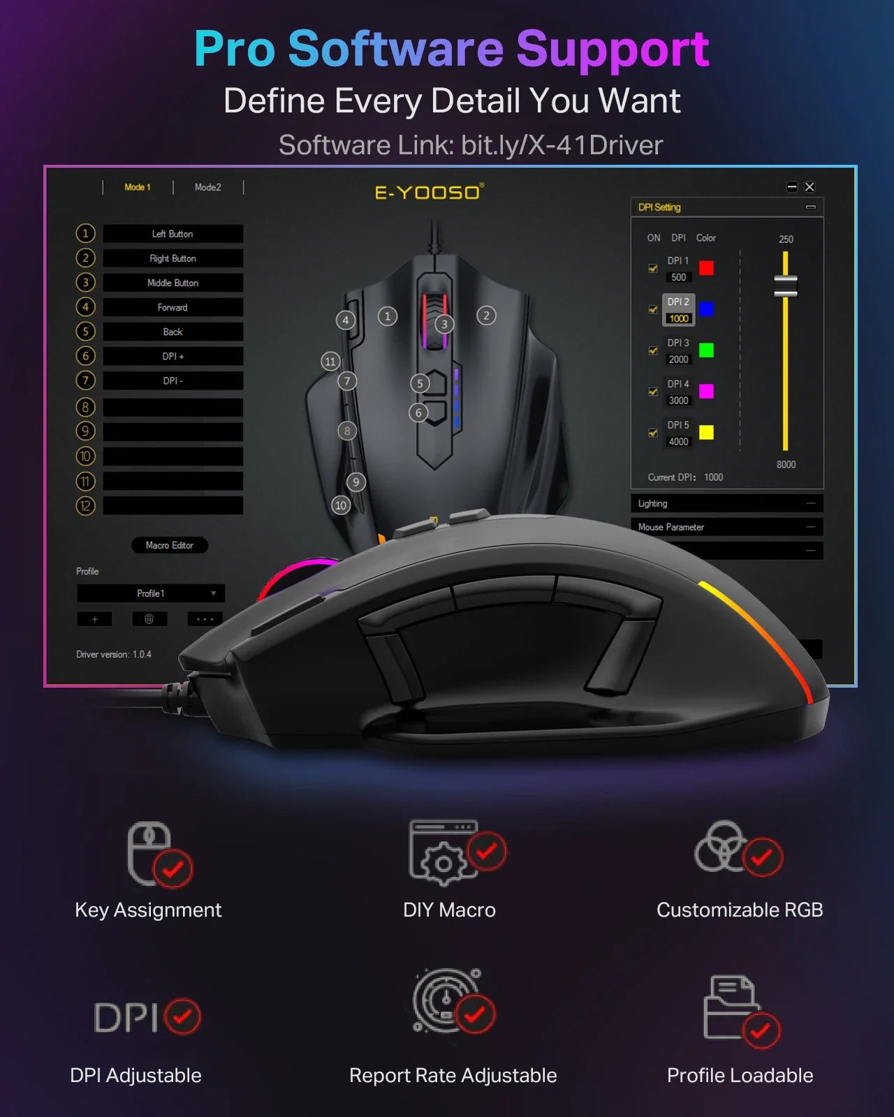 E-YOOSO X-41 Pro USB Wired Gaming Mouse RGB Backlit 12400 DPI 11 Buttons Programmable Ergonomic Mice for Work Computer PC Laptop