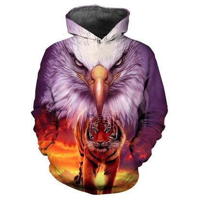 Sweatshirt com capuz oversized casual unissexo com estampado 3D de tigre, águia e lobo, estilo descontraído, pulôver de moda popular para homem
