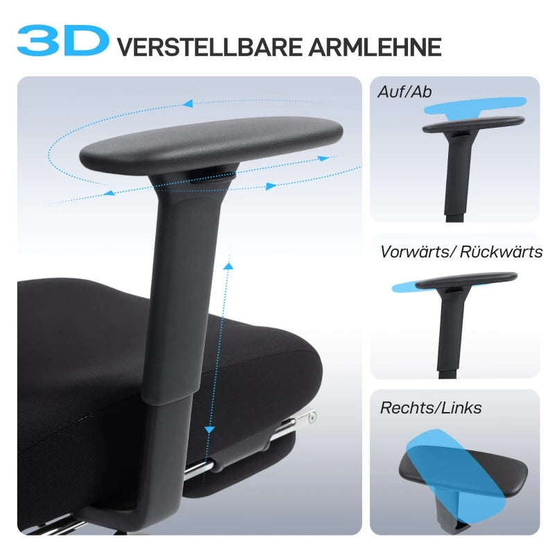 Ergonomic office chair with wheels, mesh fabric, lumbar support, adjustable armrests, and headrest.