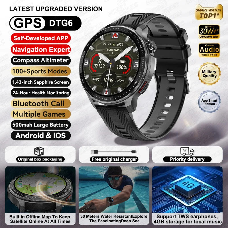 New 4GB Storage Smart Watch GPS Offline Map Local Music Video 200+Custom Dial Swim Outdoor Sport Explosion-proof Military Watchs