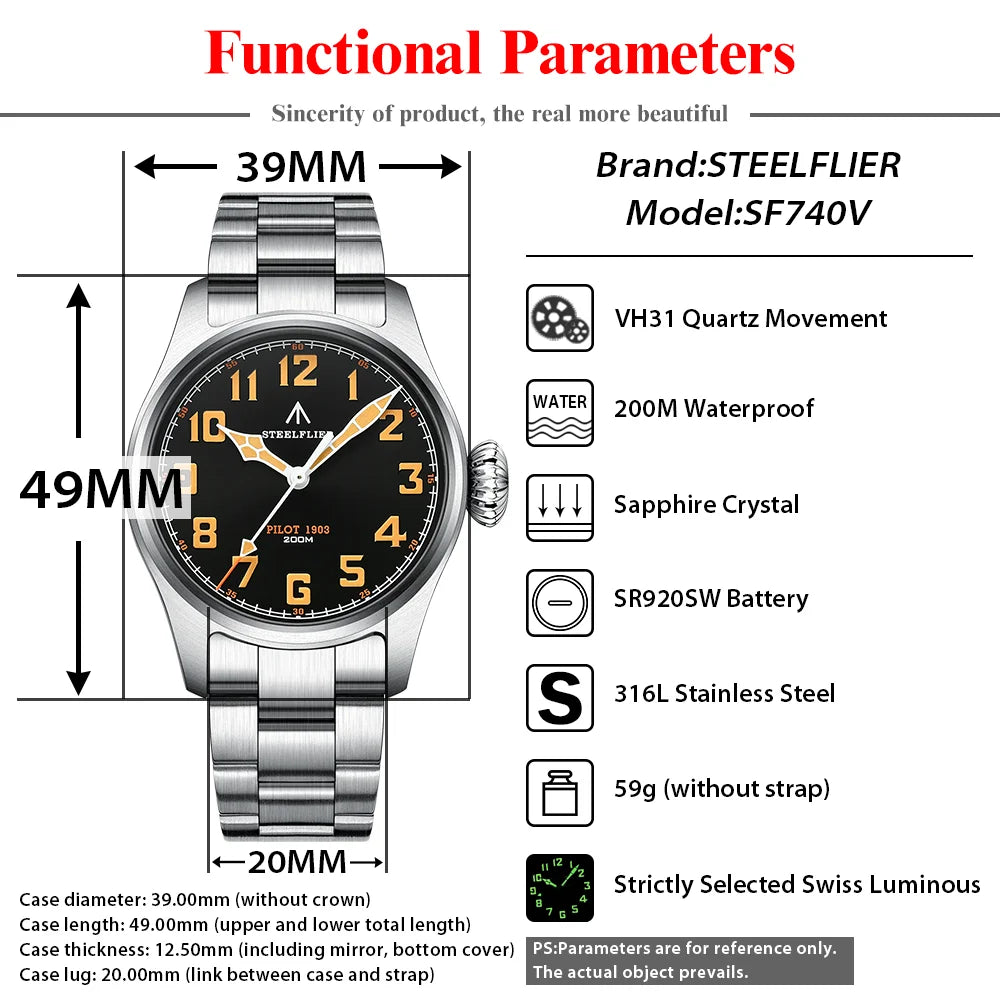 STEELFLIER Official SF740V New Quartz Pilot Series Swiss C3 Luminous 200M Waterproof VH31 Movement Men's Fashion Business Watch