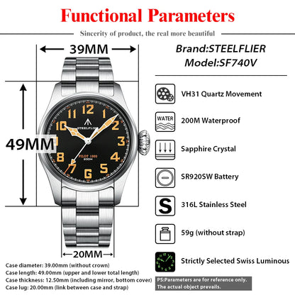 STEELFLIER Official SF740V New Quartz Pilot Series Swiss C3 Luminous 200M Waterproof VH31 Movement Men's Fashion Business Watch