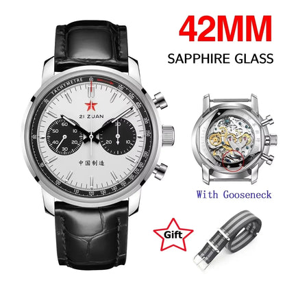 Red Star Panda Mens 1963 Chronograph Mechanical Wristwatch Seagull st1901 Movement Gooseneck 40mm Luminous Sapphire Pilot Watch