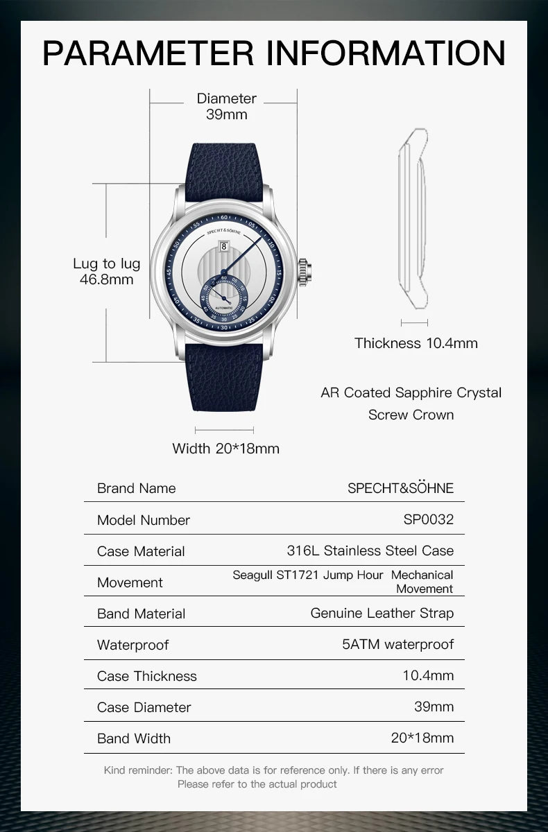 Novidade 2026 Relógio de Luxo Specht & Söhne Jump Hour Automático Mecânico para Homem, Cristal de Safira, Relógio de Pulso em Aço Inoxidável