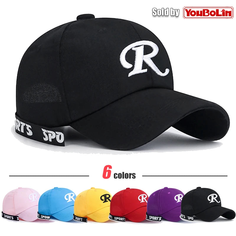 R-Buchstabe, Bandstickerei, Baumwolle, verstellbar, Baseballkappe mit festem Schirm, Sonnenhut, Trucker-Caps, Hip-Hop-Caps