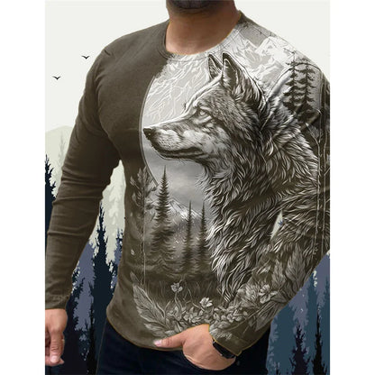 T-shirt pour homme « Wolf Eagle » imprimé en 3D, motif animalier vintage, printemps-automne, manches longues, col rond, coupe ample, style urbain