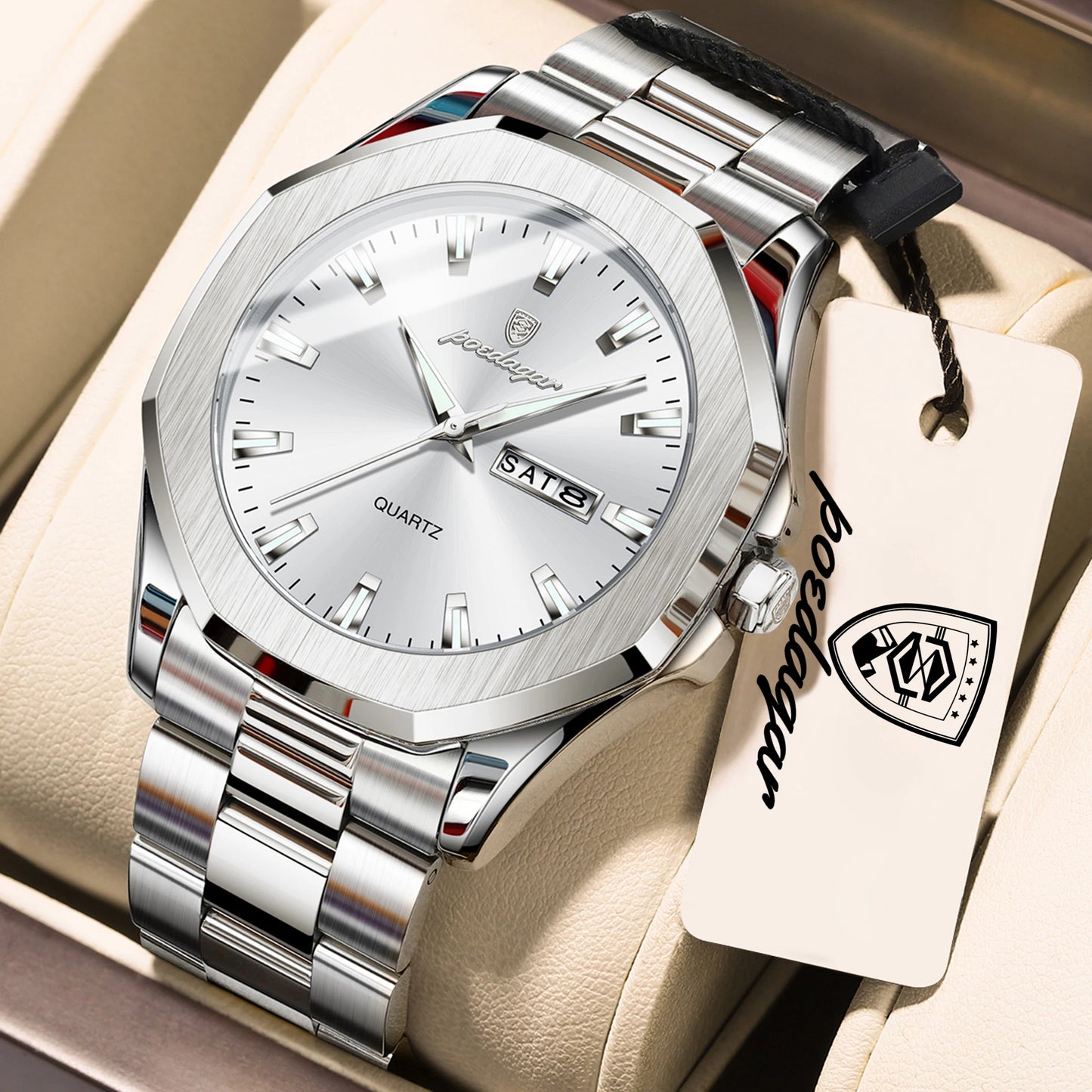 POEDAGAR Luxury Men Wristwatch Waterproof Luminous Week Date Casual Man Clock Stainless Steel Quartz Fashion Men's Watches Reloj
