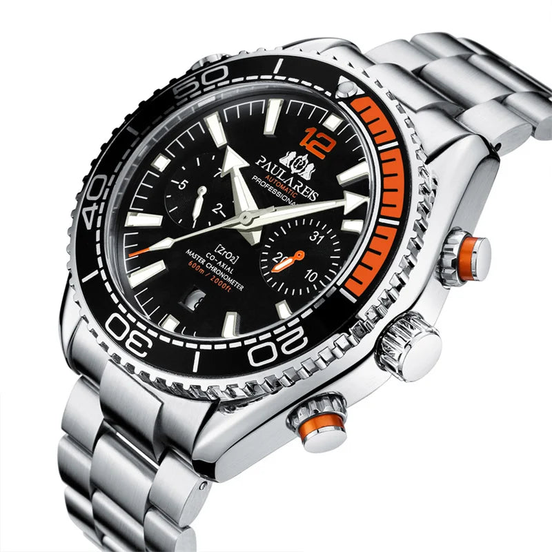 PAULAREIS P Brand Luxury Automatic Watch Men Fashion Calendar Waterproof Luminous Watch Stainless Steel Mechanical Watches Mens