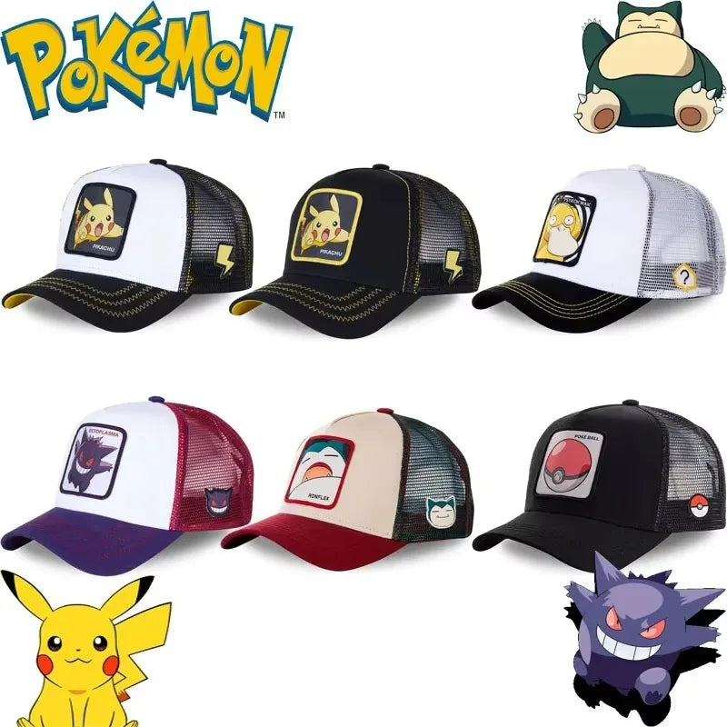 Pokémon-broderad basebollkeps med Pikachu, Gengar, Snorlax och Psyduck – anime-inspirerad, justerbar keps i ventilerande nätmaterial – cosplay-presenter