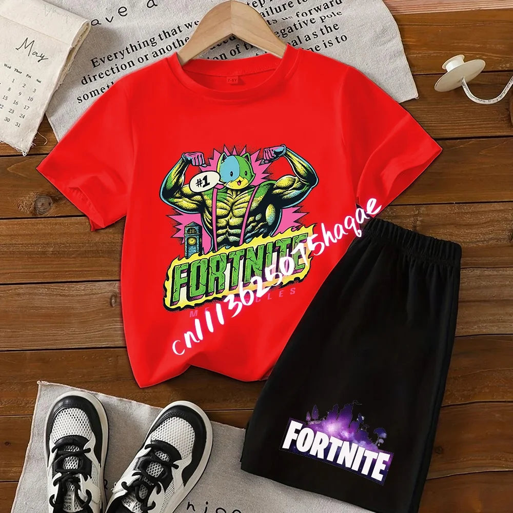 Σετ παιδικό Fortnite με T-shirt και σορτς, μπλουζάκι με εκτύπωση cartoon φιγούρας, καλοκαιρινό casual αθλητικό ένδυμα για αγόρια