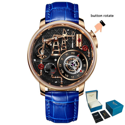 PINDU NEW TOP Quartz Watches Button oil Pump Business Men Wristwatches 45.5MM Sapphire Mirror Waterproof Leather Watch for Men