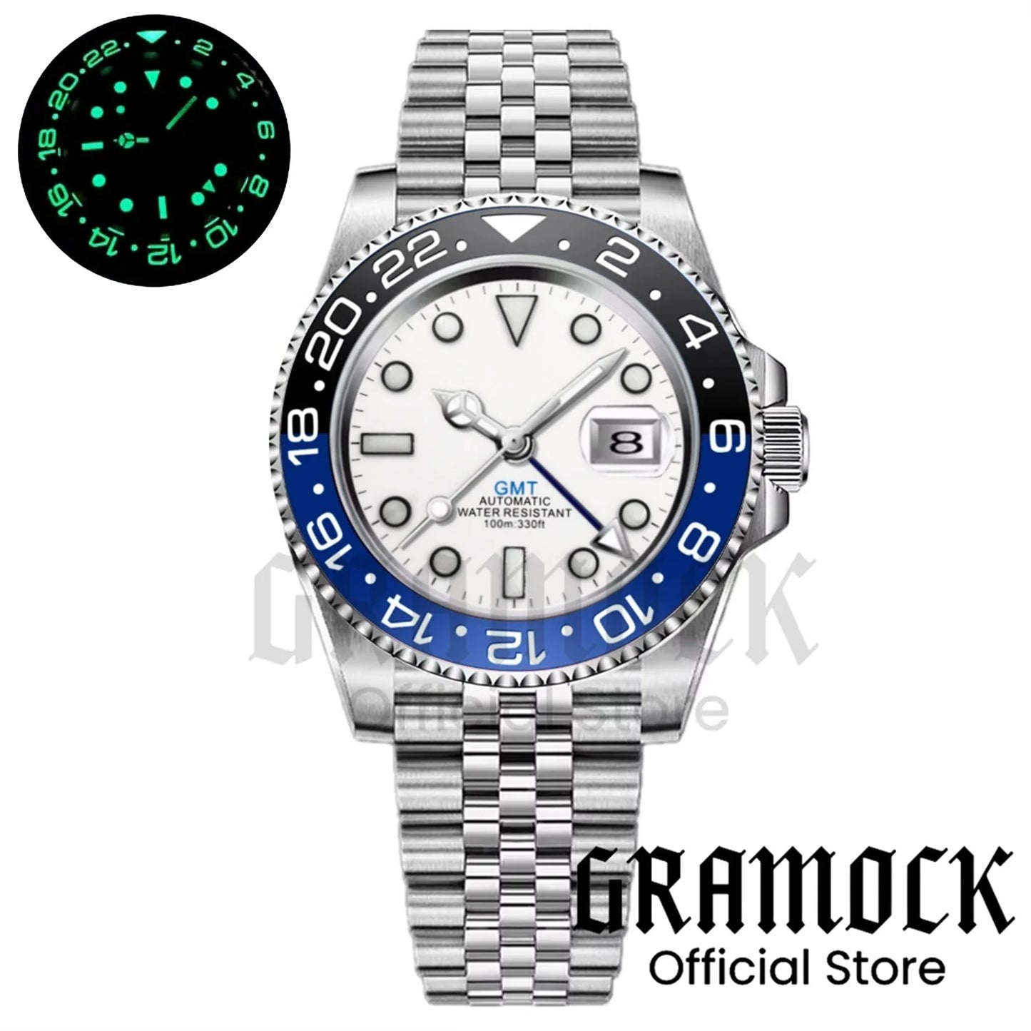 Gramock White Dial Blue GMT 40MM Watch For Men Roating Bezel Sapphire Glass Waterproof Reloj Hombre NH34A Mechanical Wristwatch