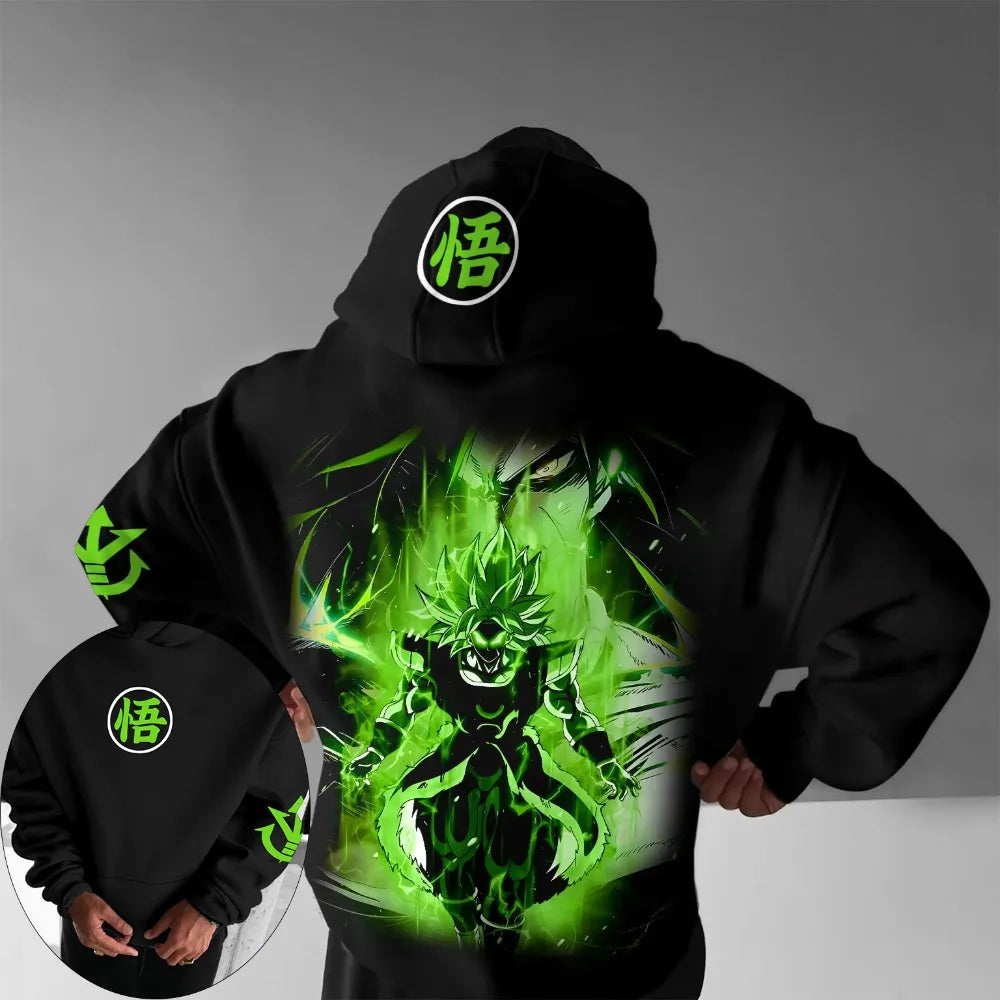 2026 Autumn Winter Dragon Ball Retro Gym Hoodie 100% Cotton Broly Green Print Oversized Fitness Streetwear for Men Women