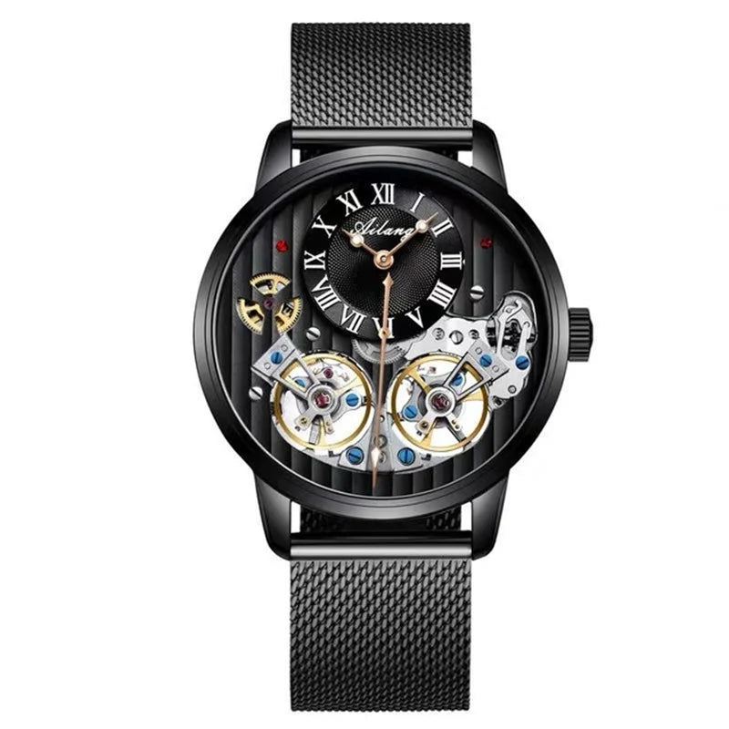 AILANG Top Brand Luxury Watch Men Automatic Luminous Black Clock Men Double Tourbillon Waterproof Mechanical Watch Relogio