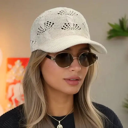 Summer Glossy Openwork Knit Baseball Cap for Women,Outdoor Sun Protection Hat Breathable Flattering Versatile