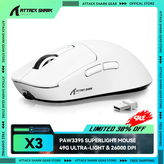 ATTACK SHARK X3 Wireless Gaming Mouse, PixArt PAW3395 Sensor, 26K DPI, 49g Ultralight Tri-Mode Gaming Mouse for PC, Mac & Laptop