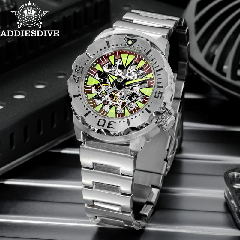 ADDIESDIVE luxury men's skeleton automatic watch sapphire glass BGW9 luminous diver's watch 200m men analog mechanical watches