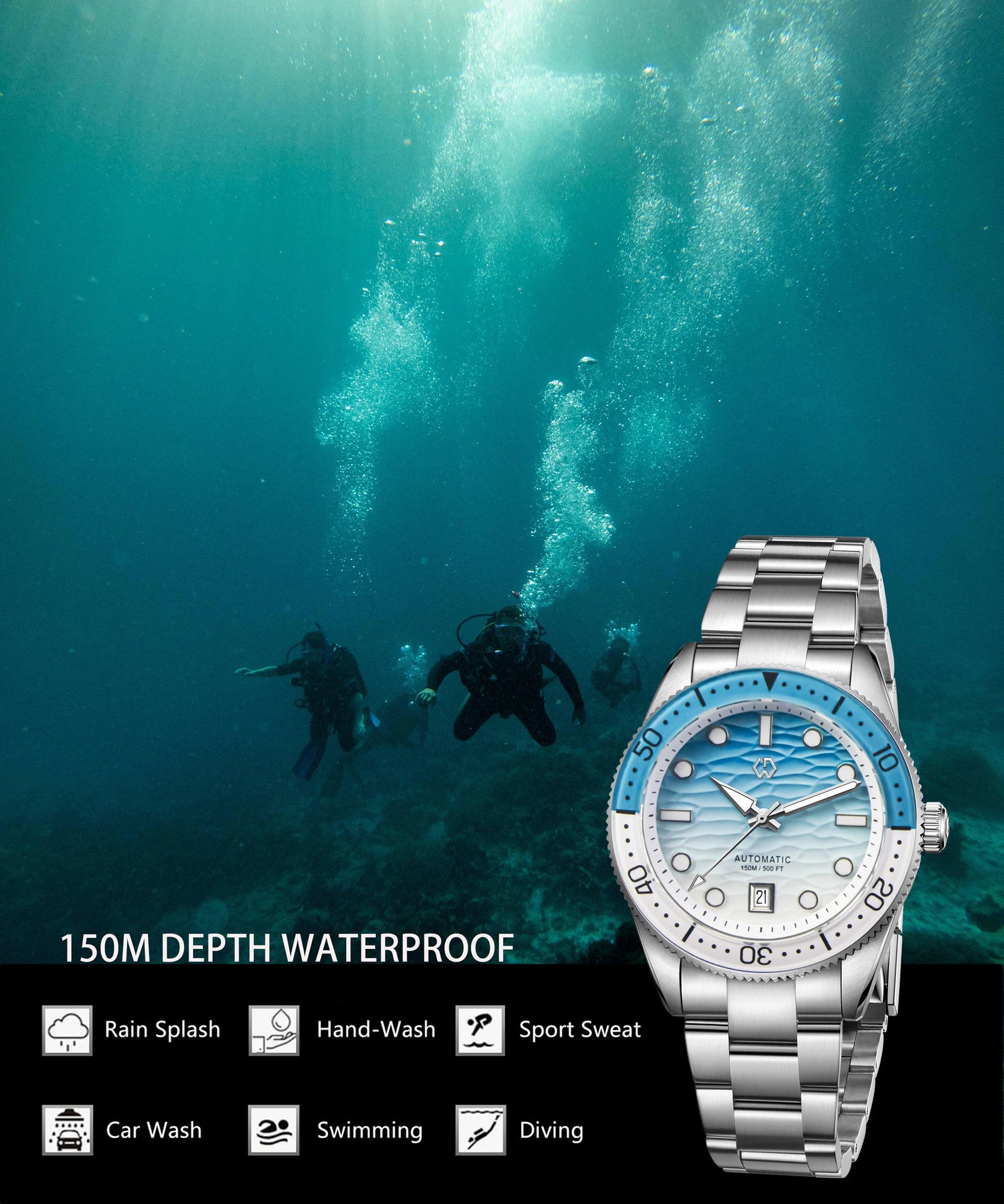 WISHDOIT Men's Automatic Dive Watch With Ocean Blue And White Ripple Dial 8215 Movement Sapphire Glass Mirror