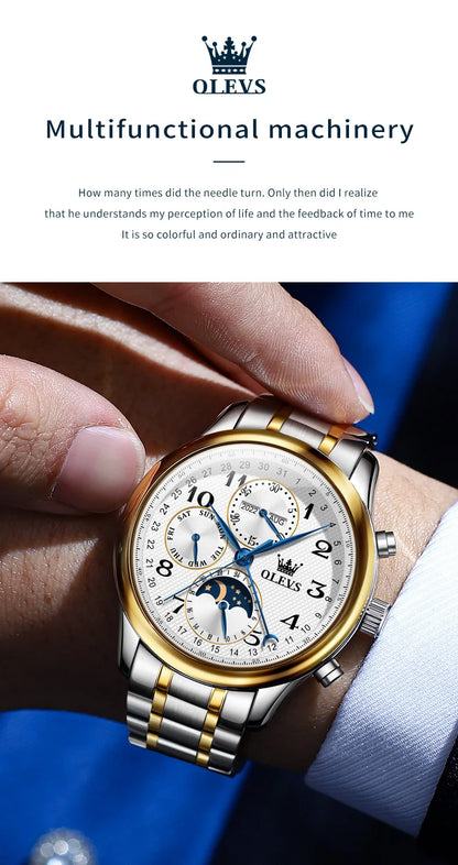 OLEVS 6667 Mens Watch Multifunctional Chronograph Mechanical Watch Leather Strap Moon Phase Watches For Man Luxury Original