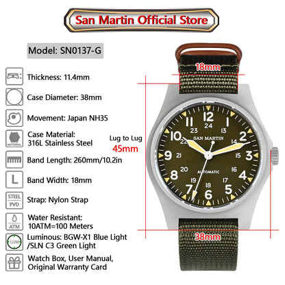 San Martin Pilot Watch 38mm NH35 Retro Military Automatic Mechanical Wristwatch Bead Blasted Case Waterproof 100m SN0137