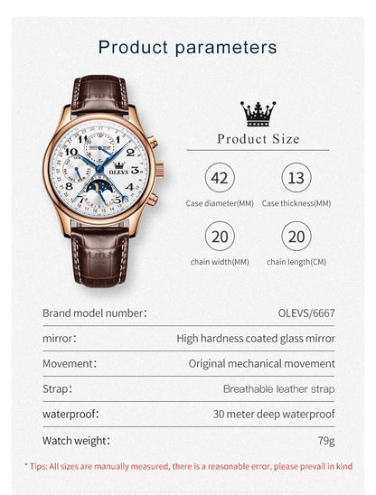 OLEVS 6667 Mens Watch Multifunctional Chronograph Mechanical Watch Leather Strap Moon Phase Watches For Man Luxury Original