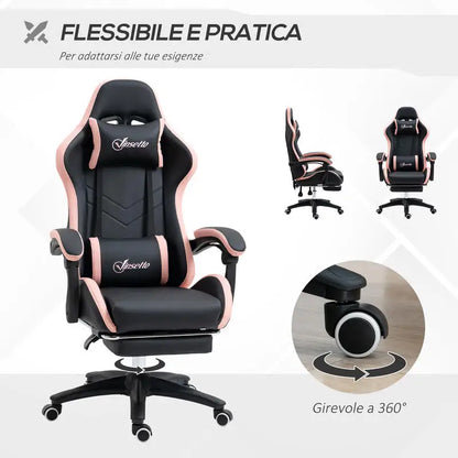 Adjustable Height Gaming Chair with Headrest, Ergonomic Gaming Chair with Footrest, PU Leather Computer Chair for Gaming Desk, Pink & Black