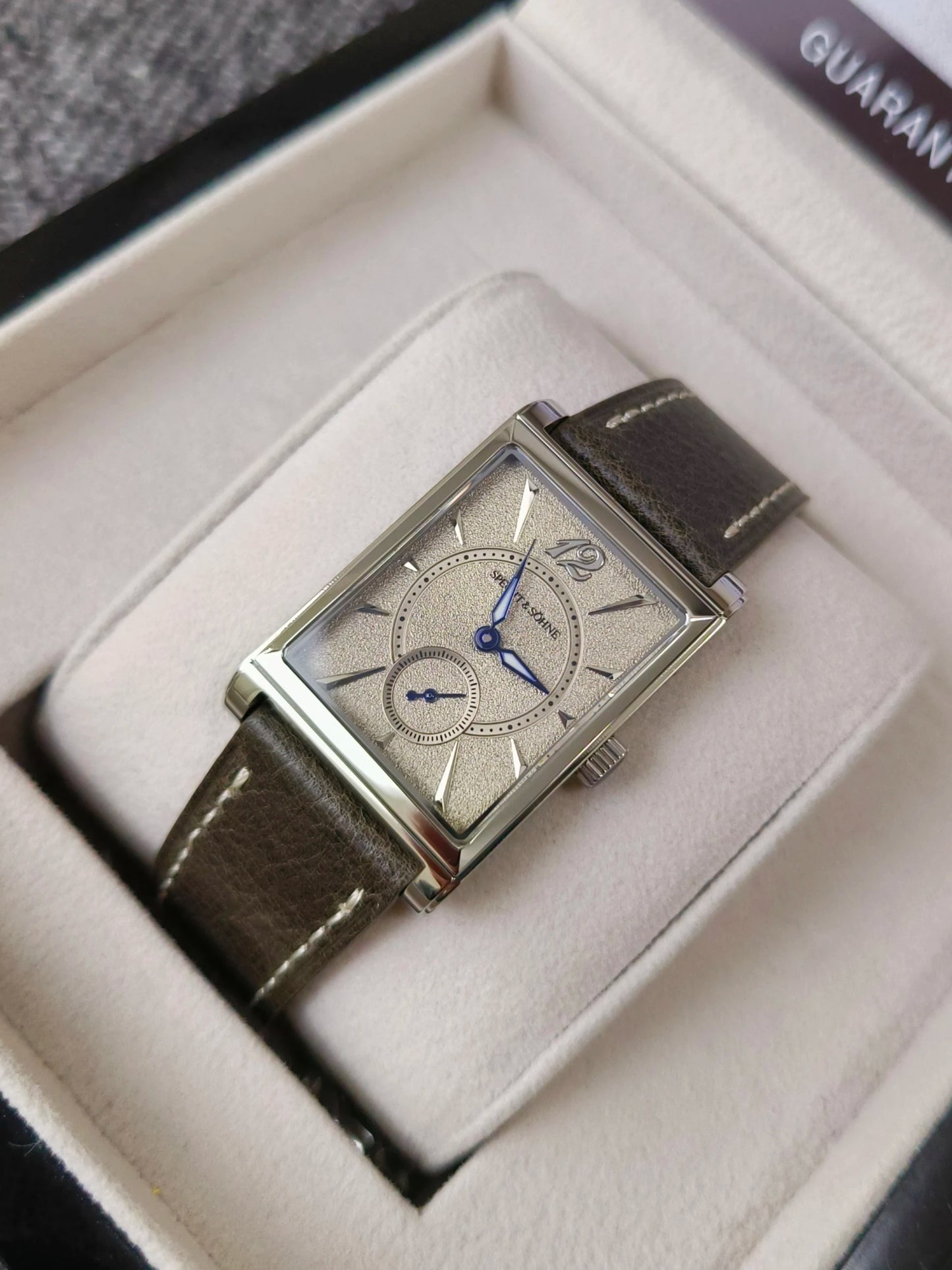 2026 Specht&Söhne Ultra Thin 7.5mm Rectangular Watch Japan Quartz Movement Small Seconds Sandblasted Dial Grey Leather Strap Watch