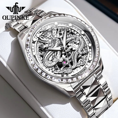 Reloj para hombre OUPINKE de marca de lujo, oro y acero de tungsteno, original, automático mecánico, con esfera decorada con motivo de dragón