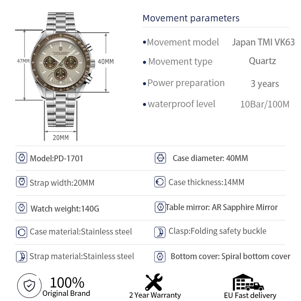 PAGANI DESIGN Saturn Men's Watches 2026 New Top Luxury Quartz Watch Men Light Tan Chronograph AR Sapphire crystal Wristwatch Men