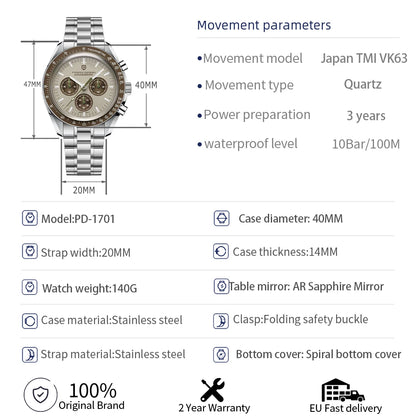 PAGANI DESIGN Saturn Men's Watches 2026 New Top Luxury Quartz Watch Men Light Tan Chronograph AR Sapphire crystal Wristwatch Men