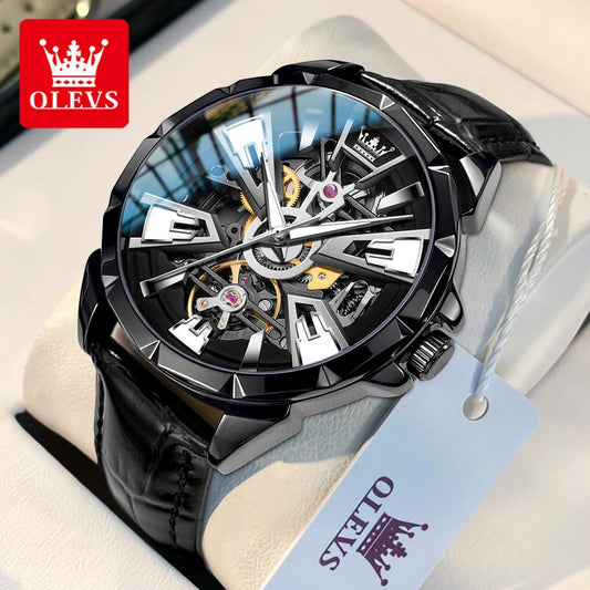 OLEVS 7051 Fashion Men's Watch Leather Strap 30M waterproof Hollow HD Luminous Automatic Mechanical Wristwatch for Men