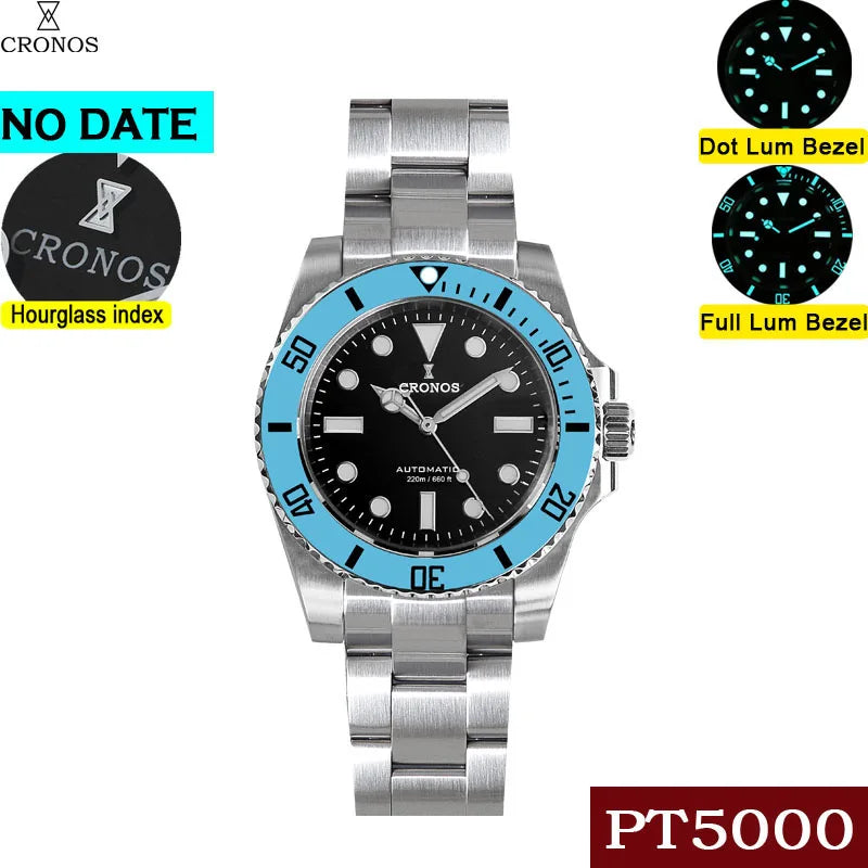 Cronos Sub Diver Men Watch No Date PT5000 Brushed Bracelet Ceramic Bezel 200 meters Water Resistant