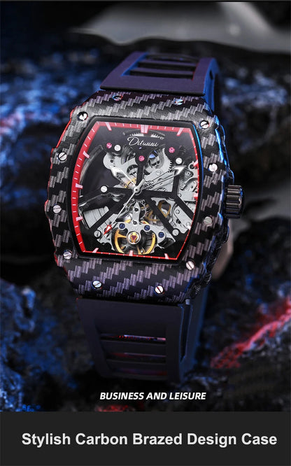 Mechanické hodinky s tourbillonem pro muže, silikonový řemínek, skeletové, tvaru tonneau, automatické, luxusní pánské hodinky Reloj Hombre
