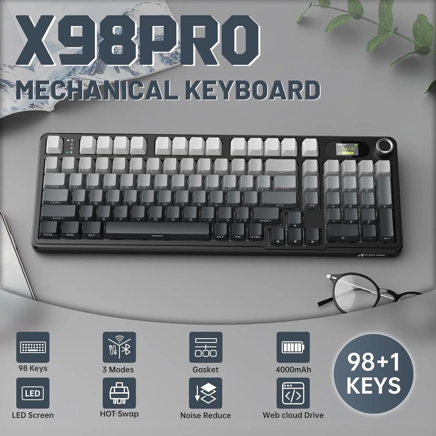 ATTACK SHARK X98 RGB Wireless Mechanical Keyboard,LED Smart Display&Knob, Hot Swappable,Pre-lubed Linear Switches