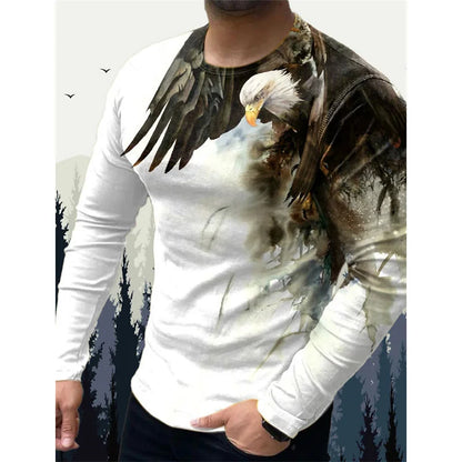 T-shirt pour homme « Wolf Eagle » imprimé en 3D, motif animalier vintage, printemps-automne, manches longues, col rond, coupe ample, style urbain