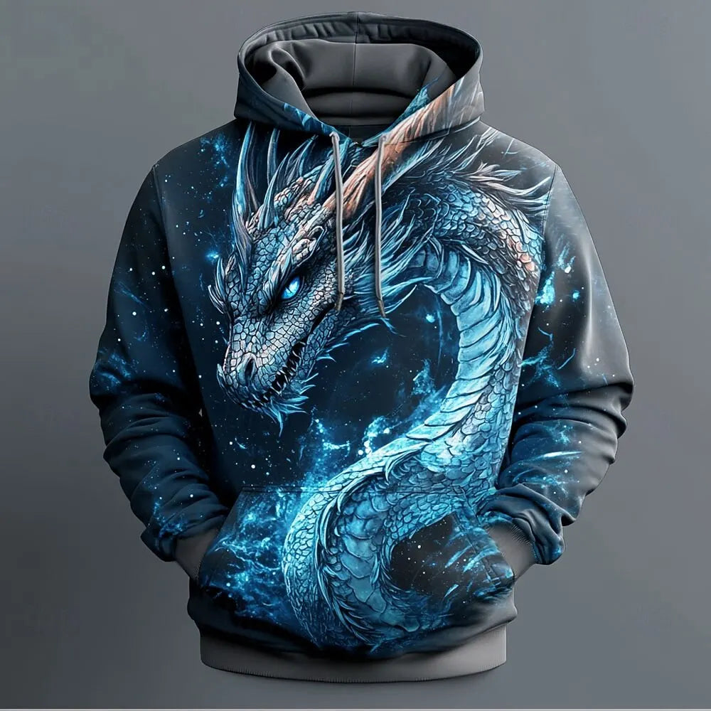 Pánská mikina s kapucí s retro dračím vzorem, 3D potisk, kreativní design, dlouhý rukáv, ležérní pulovr, stylová, cool, oversize, prodyšné oblečení