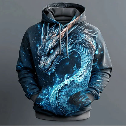 Pánská mikina s kapucí s retro dračím vzorem, 3D potisk, kreativní design, dlouhý rukáv, ležérní pulovr, stylová, cool, oversize, prodyšné oblečení