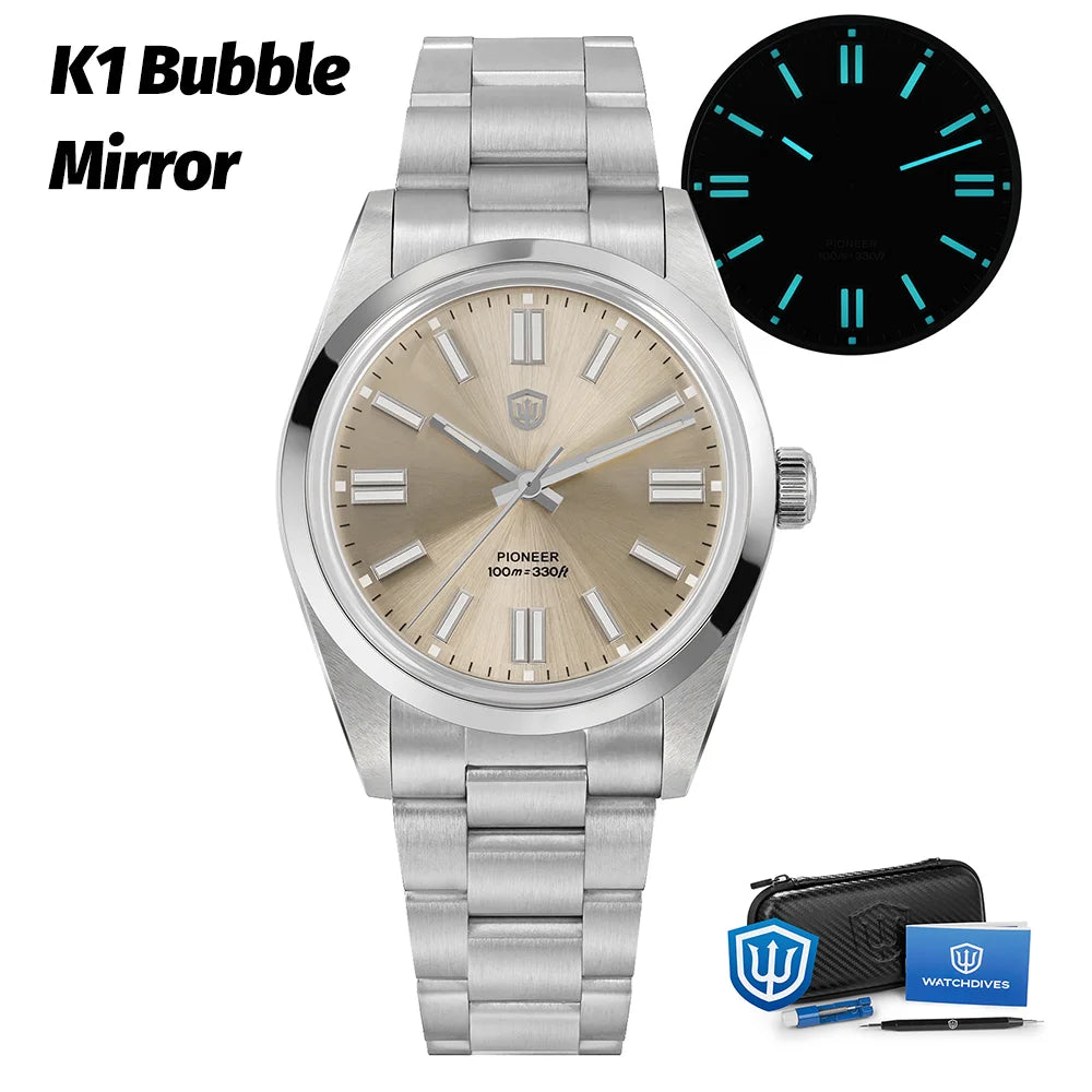 Watchdives WD1016 V3 36Mm VH31 Quartz Watch Man Multicolored K1 Bubble Mirror Sapphire Luminous 100M Waterproof Steel Wristwatch