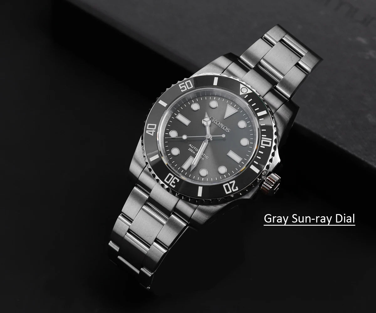 Cronos Sub Diver Men Watch No Date PT5000 Brushed Bracelet Ceramic Bezel 200 meters Water Resistant