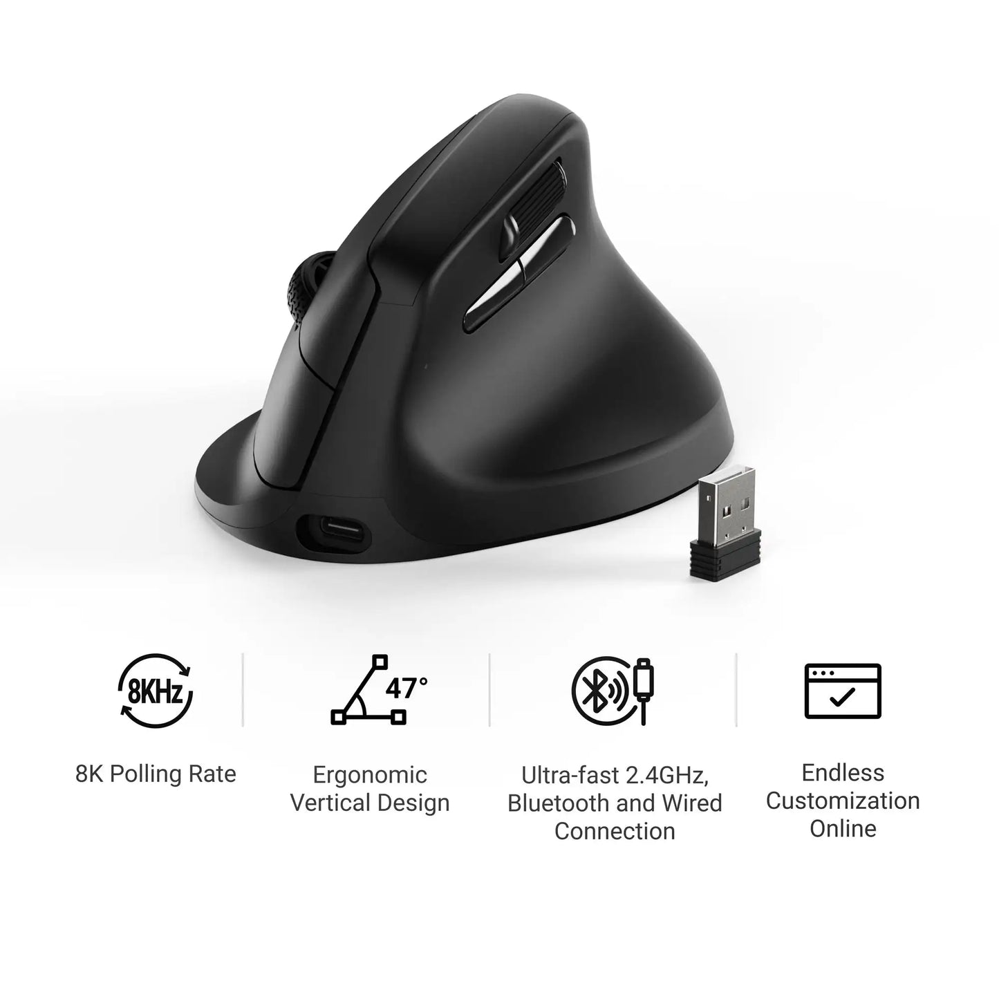 Keychron M5 безжична ергономична мишка, оптична, 8K Polling Rate, 2.4GHz и Bluetooth, Type-C, 3950 сензор