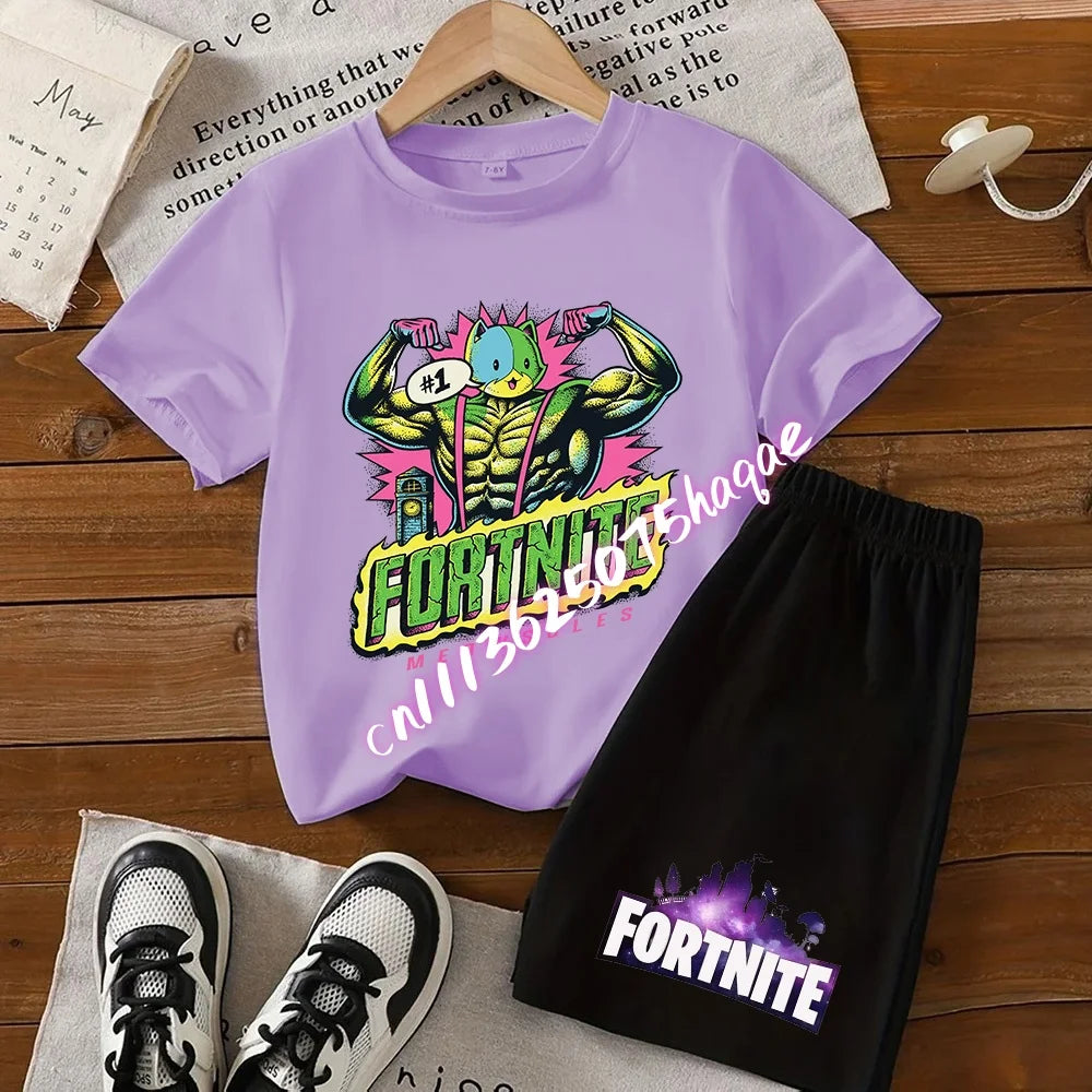 Σετ παιδικό Fortnite με T-shirt και σορτς, μπλουζάκι με εκτύπωση cartoon φιγούρας, καλοκαιρινό casual αθλητικό ένδυμα για αγόρια