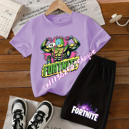 Σετ παιδικό Fortnite με T-shirt και σορτς, μπλουζάκι με εκτύπωση cartoon φιγούρας, καλοκαιρινό casual αθλητικό ένδυμα για αγόρια