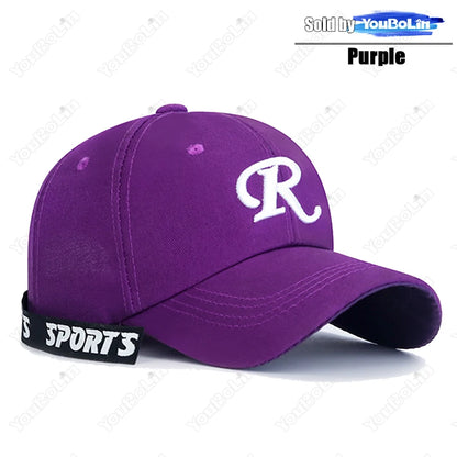 R-Buchstabe, Bandstickerei, Baumwolle, verstellbar, Baseballkappe mit festem Schirm, Sonnenhut, Trucker-Caps, Hip-Hop-Caps