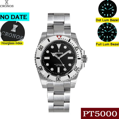 Cronos Sub Diver Men Watch No Date PT5000 Brushed Bracelet Ceramic Bezel 200 meters Water Resistant