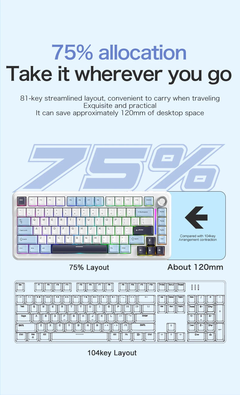 F75 Mechanical Keyboard FREEWOLF 81 Keys Layout Metal Knobs PBT Keycaps, Fully Hot-swappable Keys RGB Multi-color Backlighting