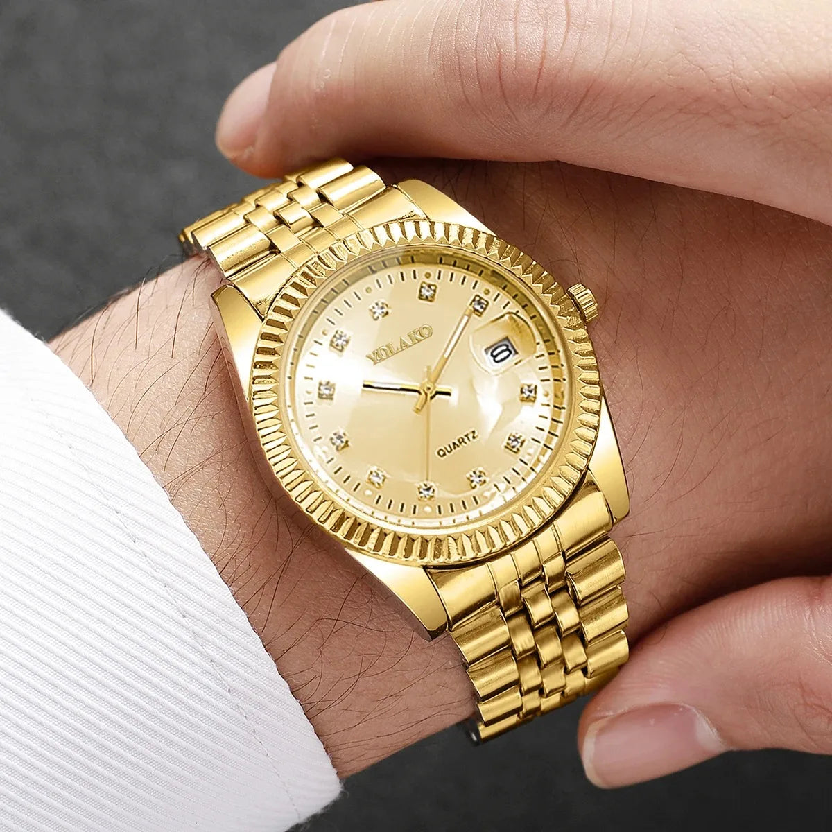 Luxury Men Business Watches Fashion Rhinestone Steel Calendar Quartz Watch Reloj Hombre Clock Gift（Without Box）
