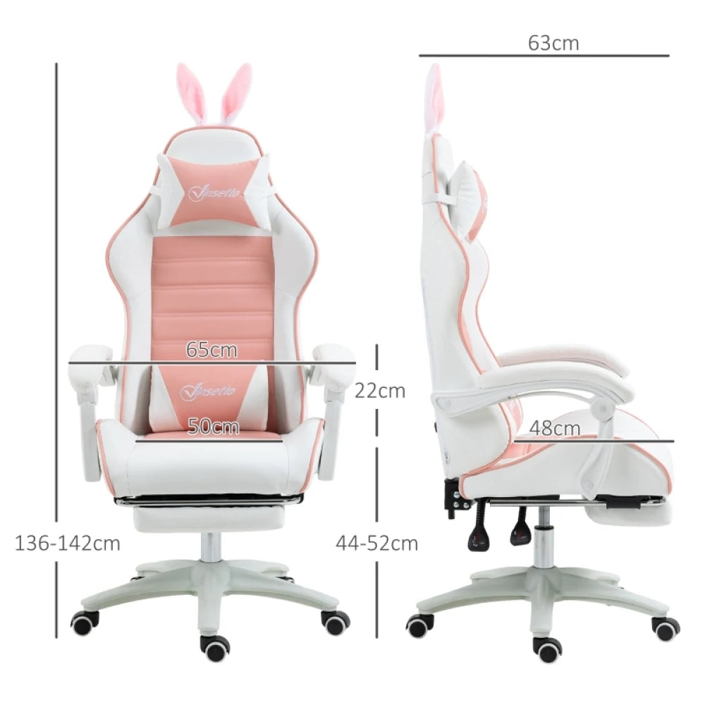 Ergonomic Gaming Chair, Reclinable Gamer Chair 135 ° , Footrest, Lumbar Cushion and Headrest, Adjustable Height, Pink
