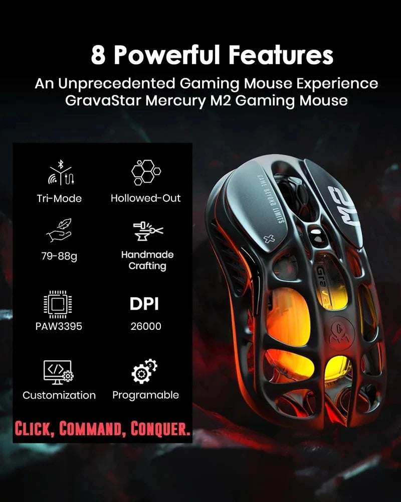 GravaStar M2 Wireless Gaming Mouse PAW3395 26,000 DPI, Magnesium Alloy Tri-Mode Bluetooth, 2.4GHz & Wired RGB Gaming Mouse