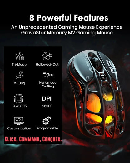 GravaStar M2 Wireless Gaming Mouse PAW3395 26,000 DPI, Magnesium Alloy Tri-Mode Bluetooth, 2.4GHz & Wired RGB Gaming Mouse